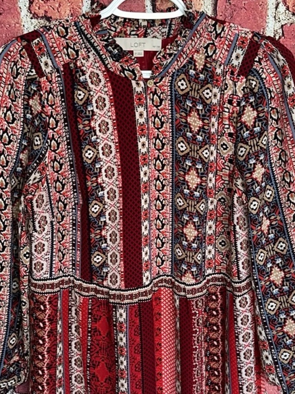 LOFT Red Multi-Pattern Long-Sleeve Tiered Dress - Picture 3 of 11